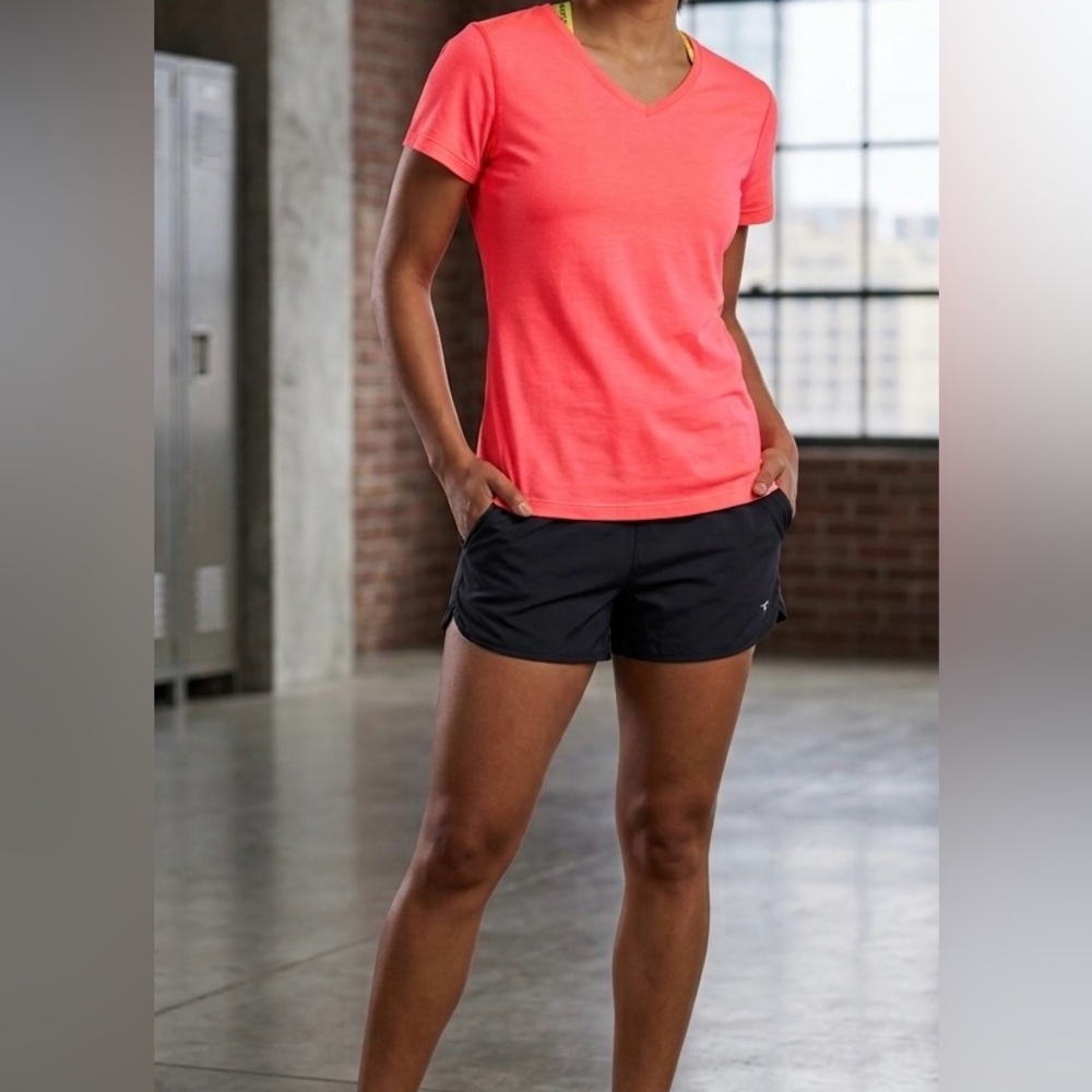 Diadora Women's Coral V-Neck Short Sleeve Tee - Bright Coral